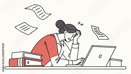 Overwhelmed businesswoman with paperwork and laptop.