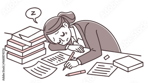 Woman sleeping while studying at desk.