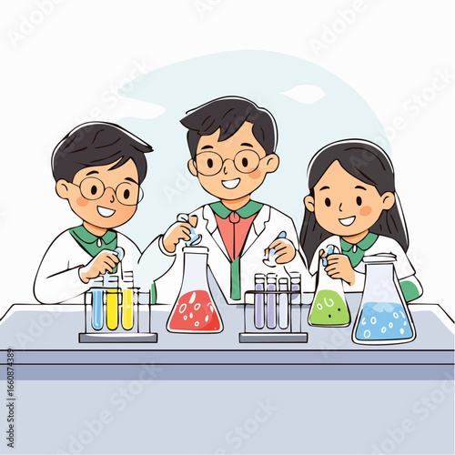 Three children in lab coats conducting science experiments.