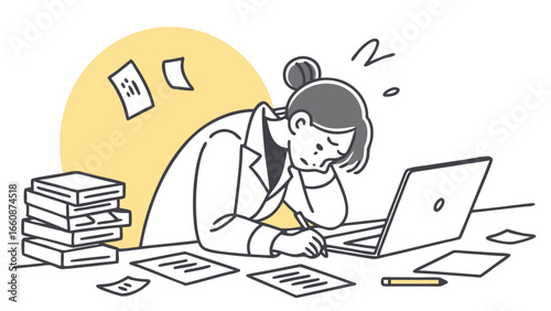 overwhelmed businesswoman working on laptop.