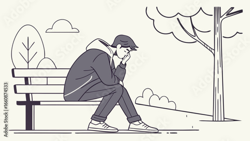 A man sitting alone on a park bench looking sad and contemplative.