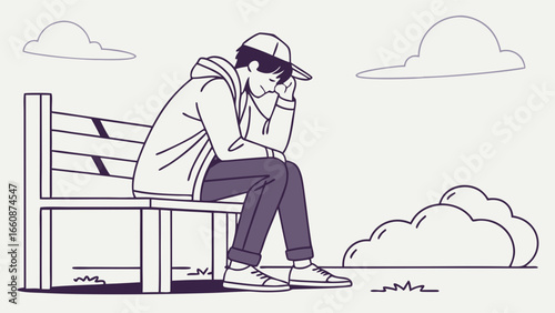 A man sitting on a bench looking sad and depressed outdoors.