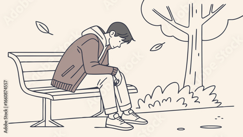 A man sitting alone on a bench looking down.