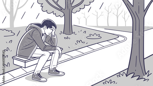 a man sits on a bench looking sad.