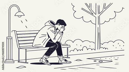 a man sitting on a bench looking sad.