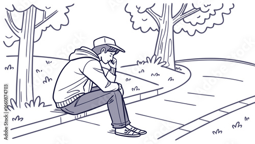Man sitting alone on sidewalk curb.