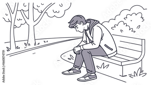 A man sitting on a park bench looking sad and contemplative outdoors.