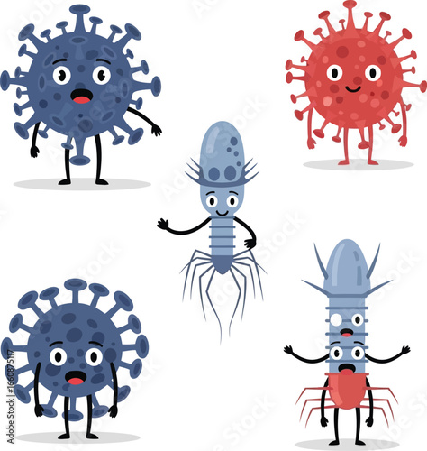 Cartoon depiction of various microbes and viruses with anthropomorphic features, expressing surprise and other emotions.