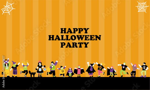 ハロウィンパーティーと仮装を楽しむ人々の手書きイラスト