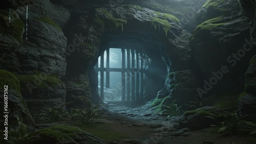 Mysterious cave entrance illuminated by soft light, showcasing lush greenery and rocky textures