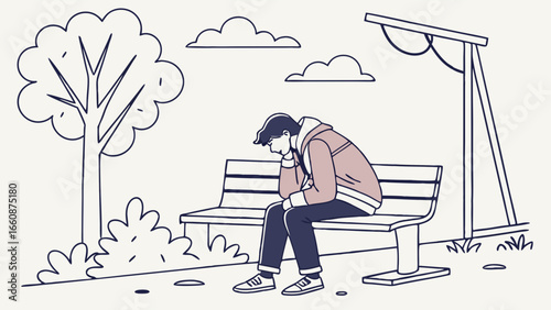 A man sits alone on a park bench looking sad and depressed.