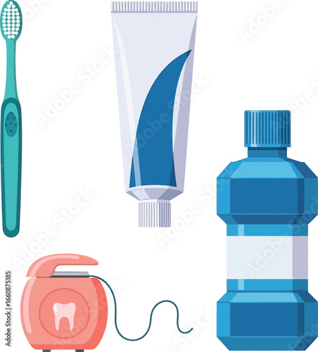 Dental hygiene set including toothbrush, toothpaste, floss, and mouthwash.