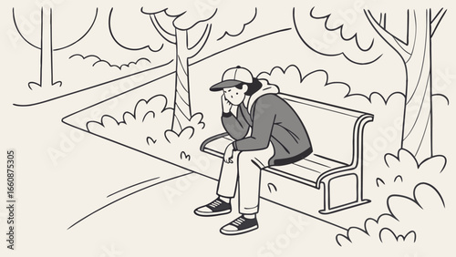 A man sitting on a park bench looking sad and contemplative.