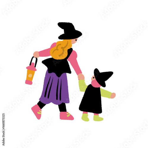 ハロウィンの仮装をする親子の手書きイラスト