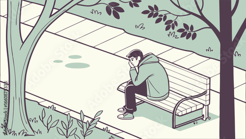 A lonely man sits on a park bench.