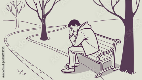 a man sitting on a park bench looking sad.