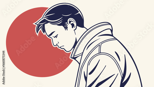 Sad young man with head down.