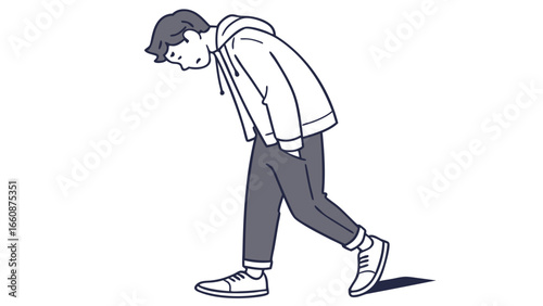 a man walking with his head down.