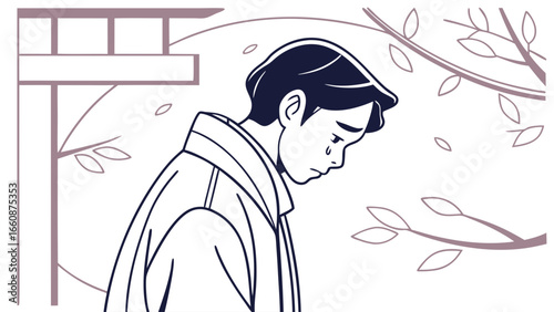 a man in a kimono standing next to a Japanese gate.