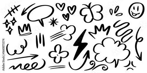 set of hand drawn doodle elements including hearts, arrows, stars, speech bubble, crown, lightning bolt, cloud, swirl lines, and decorative sketches.