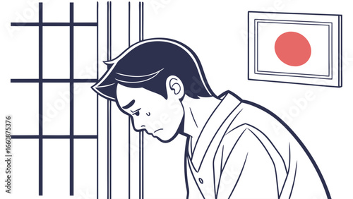 Sad man looking down by window.