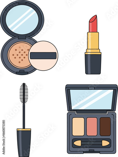 Flat lay illustration of various makeup products, including compact powder, lipstick, mascara, and eyeshadow palette.