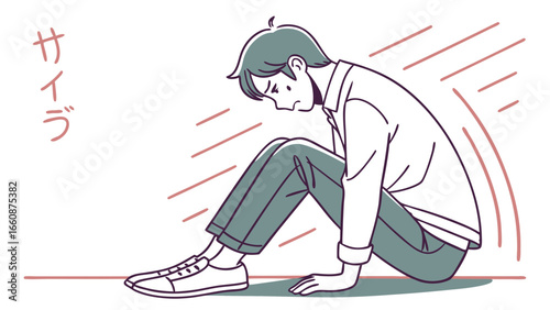 A man sitting on the ground looking down.