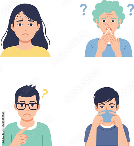 Four diverse individuals displaying various expressions, including sadness, confusion, and illness.
