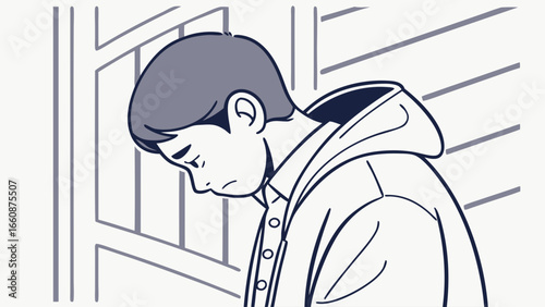 Sad young man leaning against wall.