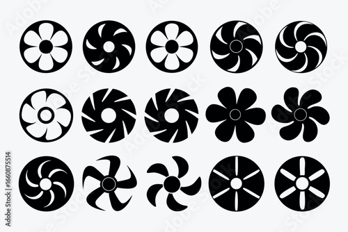 Collection of various fan and turbine blade icons in black and white