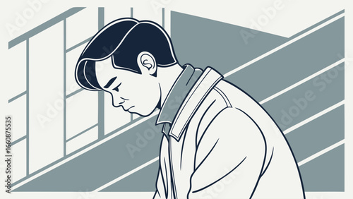 Sad man leaning on a railing outdoors.