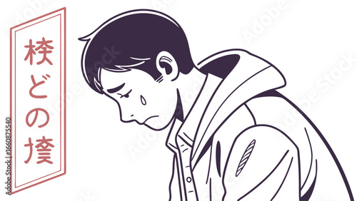 Sad young man with Japanese text.