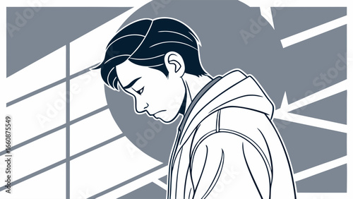 Sad young man with head down.