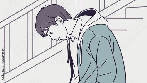 A young man feeling sad or depressed standing on stairs.