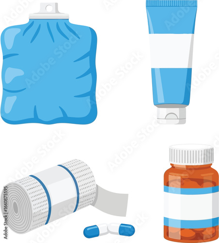 A collection of medical supplies, including an ice pack, cream, bandages, and pills.