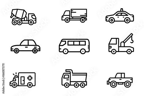 Transportation icon set on white background. Symbol of concrete mixer, tow truck, truck, bus, car, ambulance, taxi, box car, and double cabin. Vehicle outline editable vector stock