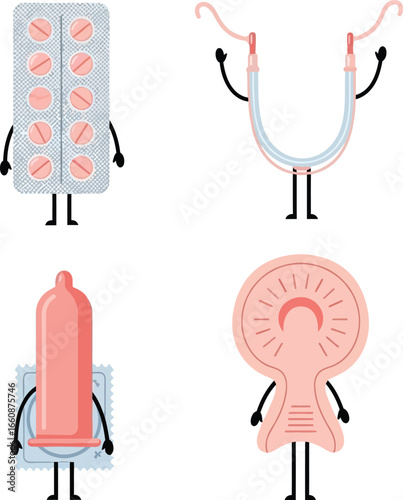 Cartoon illustrations of medical items, including pills, a diaphragm, and condoms.