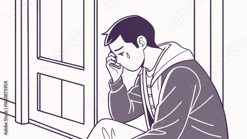 young man sitting by window looking sad.