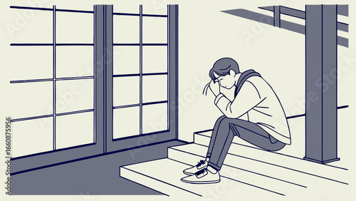 A young person sitting alone on stairs looking sad and depressed in a room.