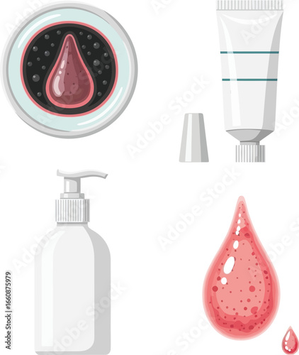 Illustration of a petri dish, tube, bottle, and drop, all related to medicine or cosmetics.