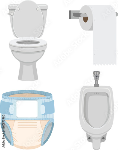 Illustration showing a toilet, toilet paper, a diaper, and a urinal.