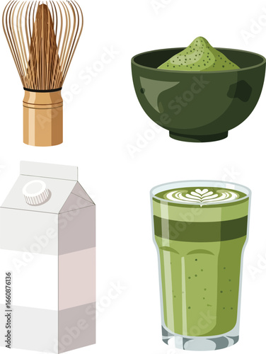 Illustration of matcha tea preparation: whisk, bowl of powder, milk carton, and a glass of prepared matcha latte.