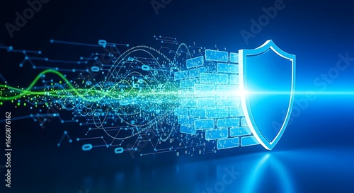 Abstract firewall barrier with glowing shield icon and data streams, sharp focus and studio lighting.