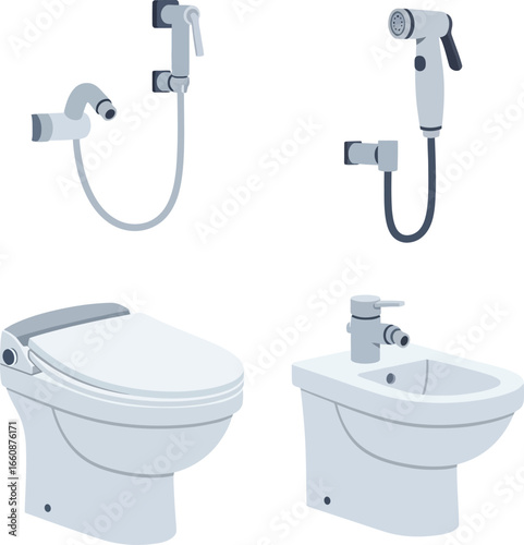 Illustration showing a toilet, bidet, and two types of bidet sprayers on a white background.