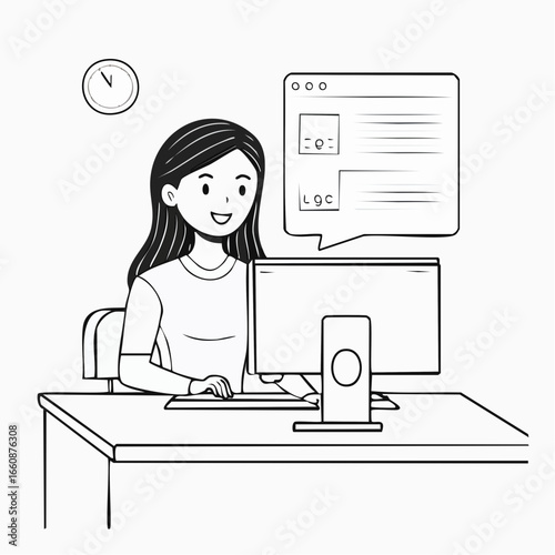 Woman working on computer with chat box.