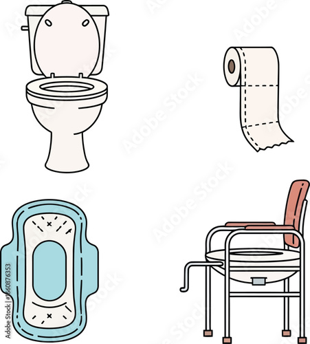Toilet, toilet paper, sanitary napkin, and a bedside commode, outlined illustrations.