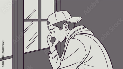 man looking out the window while on phone.