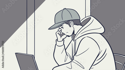 Young man in hoodie and cap sitting with laptop.
