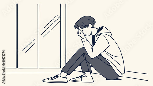 Sad young man sitting alone on floor.