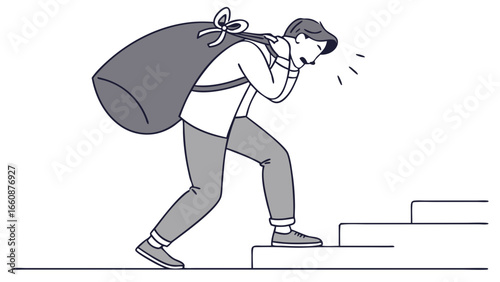 Man struggling to climb stairs with heavy backpack.